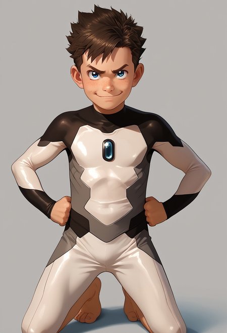 score_9, score_8_up, score_7_up,1boy, solo, cute boy, Koji, Blue Eyes, Brown Hair, Freckles, Bodysuit, Barefoot, hands on hips, smug smile, PONYXL_AlexRoss_ComicArt_ownwaifu