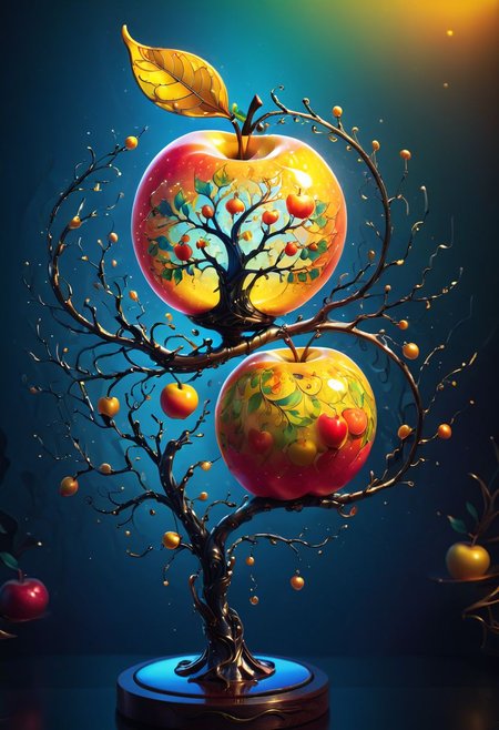photograph, photorealistic, ultra-realistic, intricately detailed, wide angle, fine fractal glossy vivid colored shiny contours outlines of a glass apple with a ("a glowing golden flying female fairy uses her wand to transform a tree to solid gold.") inside, surreal, gradient, windy,  petals floating on the wind, swirling ribbons of ink and light. linquivera, liiv1