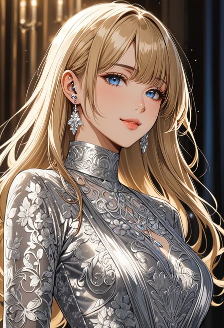 (anime, masterpiece, intricate:1.3), (best quality, hires textures, high detail:1.2), (4k),(incredibly detailed:1.4), perfect anatomy, correct sense of scale, side lighting, feminine body, shiny skin, graceful face, constricted waist, nice body, lips, Sexy mouth, high pointed nose, (nostrils:1.3), neatly drawn nose, 1woman, charming smile, gorgeous lips, blue eyes,  backless dress,cleavage,evening gown,halter dress,plunging neckline,silver dress,pelvic curtain, arm behind head,  blonde hair, ponytail, side bangs, medium breasts, ((piercing, two holes at the bottom of the ear, one at the top)) (best illumination, an extremely delicate and beautiful) 8k wallpaper, masterpiece, best quality, ultra-detailed, best shadow, volumetric lighting), (beautiful detailed face, beautiful detailed eyes) ,extreme details eyes, shiny skin, full body, ear piercing