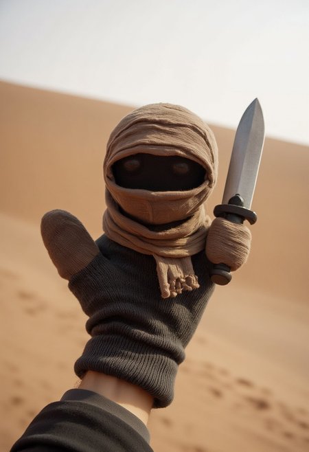 The image is a photograph capturing a close-up view of a  plush Fremen puppet, wearing a stillsuit, held by an individual. The puppet has a plush sword. In the background you can see sand dunes. There is no one in the background. The picture gives a feeling of complete loneliness.