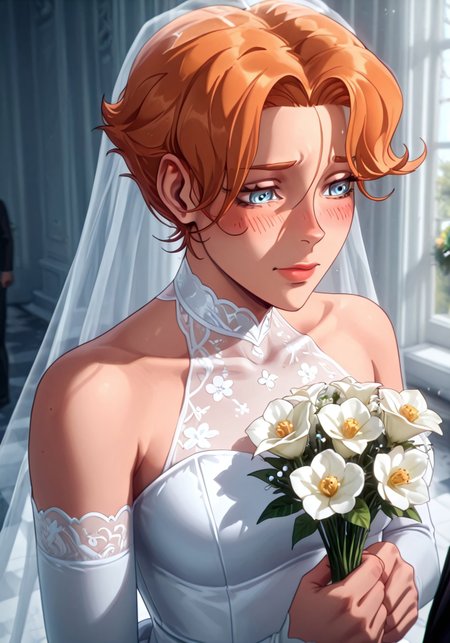 5YPH4B3LN4D3S, 1girl, short hair, orange hair, blue eyes, white wedding dress, ((blush)), holding flowers