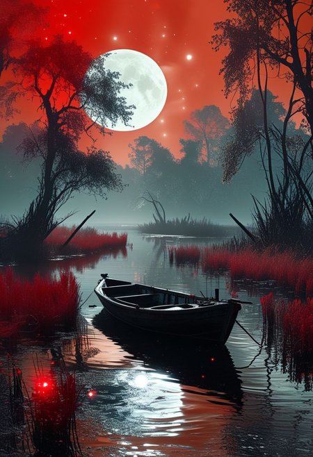 linquivera,  Ink illustration, (anime:0.5), brown tones, aged black red paper, inkpunk, moonlight, surreal, a ghostly boat in swampy wetlands, (at a distance), Will-o'-the-wisp, moonlit, lonely, solitude, windy, tall trees, willows, willowy,  OverallDetail, extremely detailed, UHD,(long exposure , bright red object on boat emanating light, dystopian but extremely beautiful:1.4),<lora:- SDXL - letitflrsh_let_it_flourish_V1.0:0.8> ,<lora:Cute_Collectible:1>, <lora:XL_boss_battle:0.6>  <lora:add-detail-xl:1>,  <lora:Concept Art Twilight Style SDXL_LoRA_Pony Diffusion V6 XL:1>,  <lora:MJ52:1>