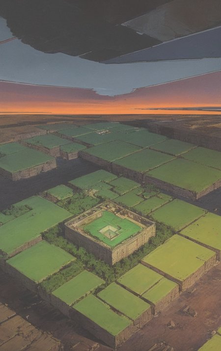 artwork <lora:Moebius:1>, Wide Shot of landscape with Isometric Perspective at evening
