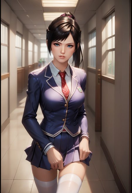 score_9, score_8_up, score_7_up, best quality, intricate details, source anime, rating explicit BREAK 1girl,
<lora:Kokoro_doa_v04-12:1.0> kokoro_doa, brown hair, long hair, black hair, blue eyes, ponytail, 
school uniform, pleated skirt, necktie, white thighhighs, confident, parted lips, beautiful, detailed eyes, school hallway,