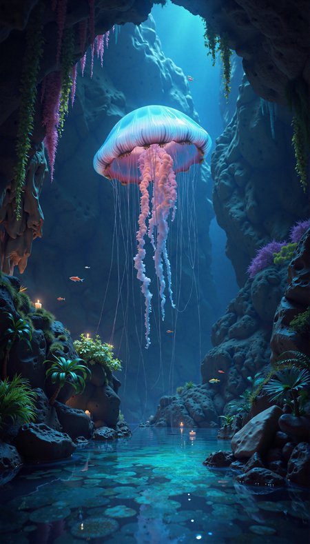 A mesmerizing, hyperrealistic photograph of a colossal, bioluminescent jellyfish floating serenely through a subterranean cave system. The jellyfish, with its intricate, pulsating tentacles, emits a soft, ethereal light, illuminating the surrounding stalactites and stalagmites. The cave walls are covered in vibrant, glowing moss, reflecting the jellyfish's light in an otherworldly dance of colors. Below, in a crystal-clear pool, small, bioluminescent fish dart among the rocks. The scene is a symphony of blues, greens, and purples, with the jellyfish acting as the central light source. The overall style is photorealistic, emphasizing the intricate details of the cave formations and the delicate textures of the jellyfish. High detail, 8k resolution, with a focus on realistic textures and the interplay of light and shadow.