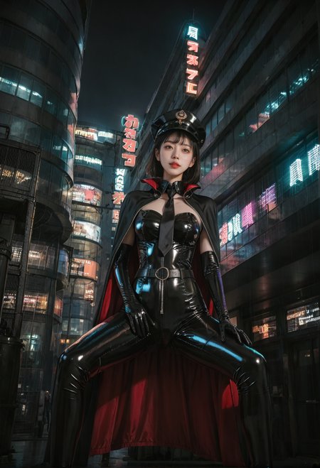 ,ruanyi0887,skyscraper,outdoors,night,neon lights,1girl,solo,spread legs,,ruanyi0848,belt,black bodysuit,black necktie,cape,elbow gloves,latex,military hat,zipper,<lora:0887 Commercial street at night_v1_pony:0.8>,<lora:0848 instructor_v1_pony:0.7>, score_9,score_8_up,score_7_up,,8k,1girl,solo,,