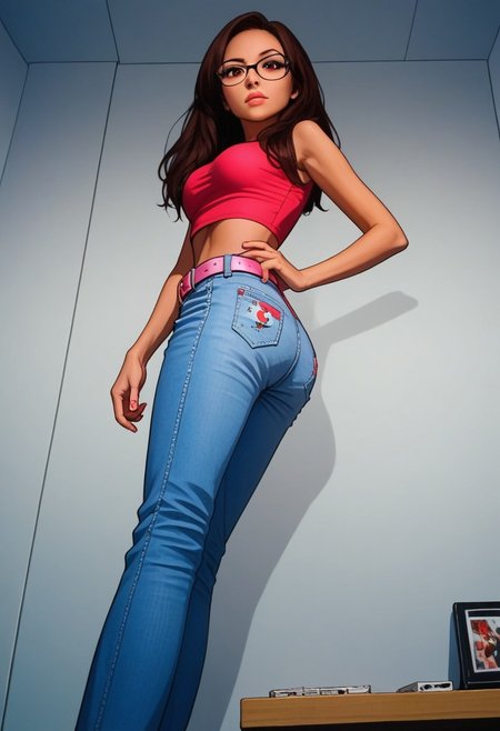 score_9, score_8_up, score_7_up, Polaroid photography , Polaroid style, over exposed style, pinup girl pose, Expressive, realistic, extremely attractive woman, large perky breasts, smoky eye, glasses, brown eyes, tight flared jeans, pink leather belt, (((red))) crop top, standing, midriff, ass focus, view from below, dynamic sexy pose, messy dorm room, bad photo composition, accidental photo, Reddit, amateur, raw, traditional media, poorly framed, out of focus 
BREAK 
dramatic angle, unique perspective, unique angle,