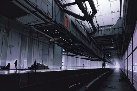 highly insanely detailed, masterpiece, top quality, best quality, highres, 4k, 8k, RAW photo, (very aesthetic, beautiful and aesthetic),  
tsutomu nihei,nihei_tsutomu,blame!,blame gakuen!,abara,TNstyle,sidonia_no_kishi,(hangar,sidonia \(ship\),deep horizon),light particles,wire,drainpipe,gauna,gauna mech,bridge,smoke,foggy,machinery,air conditioner,bones,dark background,vast scenery,perspective,blm,empty,futuristic,cyberpunk,science fiction,no human,open space, 
<lora:blameLora_v10:1>, 
(1girl:1.3), 
solo focus, 
neon purple background,neon white background,(fluorescent background),âââ