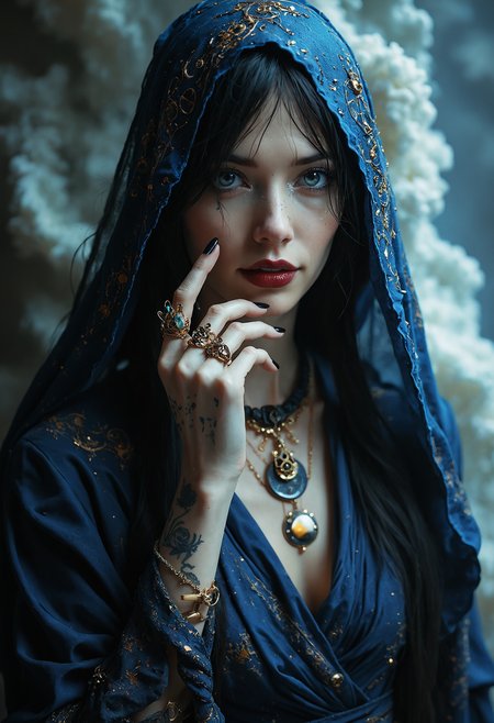 The image captures a mysterious seer, her face half-obscured by a delicate veil of shimmering, translucent fabric. Her lips, painted deep crimson, curve into a faint, knowing smile. Long, alabaster fingers adorned with golden rings, each set with intricate glyphs, gently touch her chin. Her nails are long and lacquered in a black that seems to absorb the light. Dark, ancient symbols are tattooed across her knuckles and wrist, glowing faintly with an otherworldly aura. Her eyes are wide and unnerving, an unnatural pale blue that seems to see through time itself. A single tear of liquid silver rolls down her cheek. She wears a deep indigo robe embroidered with celestial patterns, while a large crescent moon pendant dangles just above her collarbone. The background swirls with cosmic clouds, as if she stands at the edge of a forgotten dimension.