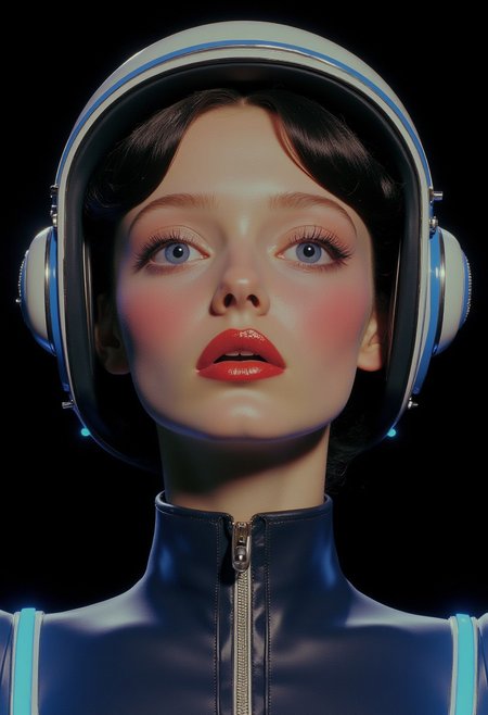 A digital close-up portrait of a young woman in a futuristic, sci-fi world, set against a vantablack background. Her fair skin tone glows softly, contrasted by vantablack hair that falls in sleek waves around her face, the strands highlighted with reflective accents. Her large, expressive eyes, tinted with a faint sadness, draw the viewer in, while her full lips are painted in a deep crimson, adding to her somber expression. She wears a metallic silver helmet, detailed with high-tech control panels and luminous cyan accents, the clear visor allowing a glimpse of her face. Her suit is a high-collared, fitted design in deep charcoal and electric blue, showing signs of wear, hinting at her role in space exploration or combat. The background is minimalistic, dominated by vantablack tones that enhance the contrast and focus on her expression. Soft lighting illuminates her features, casting gentle shadows that add depth to the composition. The overall mood is melancholic and introspective, reflecting a sense of solitude and resilience. The artwork blends elements of nistyle and By Phandigrams, with an emphasis on emotional storytelling and futuristic aesthetics, presenting a powerful narrative of strength amidst isolation.