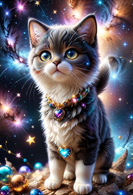 (((videogame_style))), (sharp focus:1.2), lineart, flat color, monochrome, greyscale, depth of field, bokeh, 8k, OLED, 1 baby cat, being playful, wearing ribbon choker in different colours, different fur, super cute,, The cat raises its paws towards the viewer, in the galaxy, space cat flying in the stars,lluminated by the ethereal glow of cosmic lightning, the light is reflecting shadows on the cute animal, for the viewer, it appears alive, as if a glimpse of its inner sparkle is possible, star sky, peacful and grateful atmosphere, painted hearts, magical atmosphere, close up, (((cuteness overload))), <lora:detailed_notrigger:0.9>, zhibi <lora:zhibi:0.8>, <lora:tweak-detail-xl:0.7> <lora:Jed-Cosmos-sdxl:0.7> Jed-Cosmos
