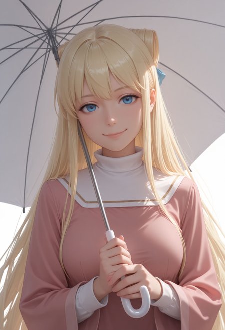 masterpiece, best quality, newest, (realistic:0.5), solo, looking at viewer,
 smile, looking at viewer, closed mouth, upper body, white background,
 <lora:Laura Stuart Illu:1> 1girl, blonde hair, holding umbrella, blue eyes, dress, smile, long sleeves