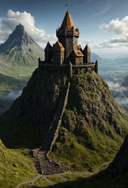 <lora:TheWeirdies_epoch_10:0.55>  , advntr , epiCPhotoGasm-colorfulPhoto, 
score_9, score_8_up, score_7_up, score_6_up
Durlag's Tower was a large tower that was said to be haunted by a powerful entity, as well as one that housed immeasurable treasure. The fortress was located south of the Wood of Sharp Teeth, a couple of miles from the small settlement of Gullykin. The tower was built entirely of volcanic stone and was in fair condition given the amount of time and neglect involved. It laid atop a volcanic plug that dominated the surrounding lands. Durlag Trollkiller, aided by hired dwarves, was said to have hollowed out the mountain for the rock that made up his tower and used the space created to hide further treasure. This local landmark was the isolated keep of Durlag Trollkiller, son of Bolhur the Clanless, a dwarven hero said to have amassed a large quantity of treasure and stored it here and in a few other locations. This treasure was protected by all manner of magical wards and mechanical traps, the latter of Durlag's own devising. Many adventurers sought his treasure over the decades, with varying degrees of success. (((breathtakingly massive tower keep fortress)))