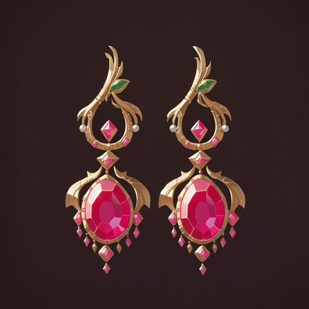 score_9, score_8_up, score_7_up, earrings, gold earrings, two earrings, gem, jewelry, pink gemstone, simple background, dark brown background,
softic, no humans,