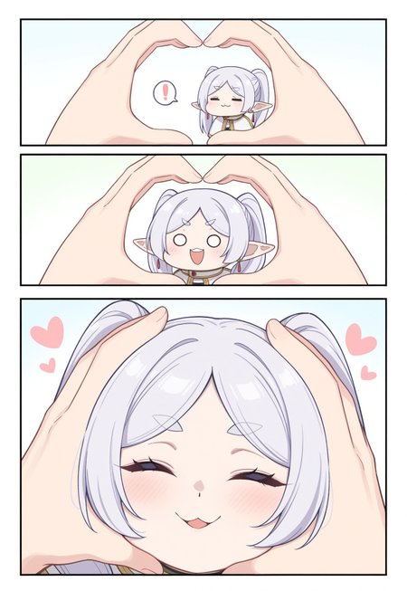 masterpiece, best quality, amazing quality, very aesthetic, high resolution, ultra-detailed, absurdres, newest, scenery, cute, 1girl, frieren, closed eyes, snootchallenge, 3koma, chibi, comic, 1girl, 1other, blush, :3, :d, smile, open mouth, v-shaped eyebrows, looking at viewer, heart, upper teeth only, teeth, spoken exclamation mark, !, o o, pov, pov hands, heart hands, hands on another's face, hands on another's cheeks, out of frame, simple background,
