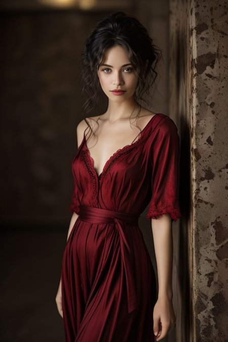 bellissima, laperla style, realistic, 1girl, solo, messy hair, smile, a woman in red dress with black lace trims in a sexy pose, leaning against a wall in a hotel room, hand on hip