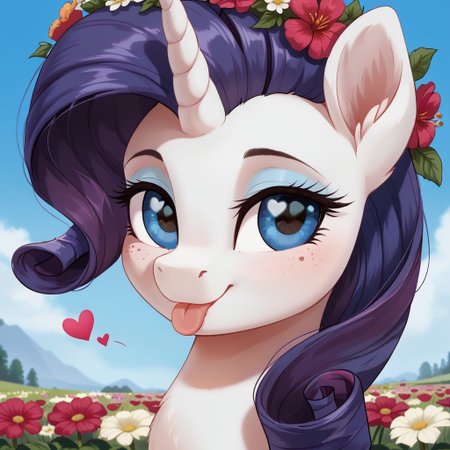 score_9, score_8_up, score_7_up, score_6_up, score_9, score_8_up, score_7_up, score_6_up, my little pony: the movie, movie accurate, rarity, pony, unicorn, g4, bust, close-up, cute, eyelashes, female, freckles, heart, high res, looking at you, mare, portrait, smiling, solo, a wreath of flowers, tongue out, silly