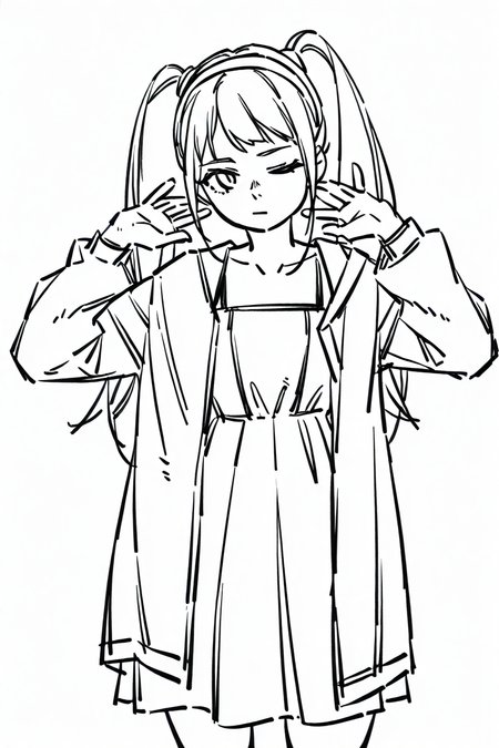 <lora:Sktchst_IL:1> sktchst, 1girl, greyscale, monochrome, solo, twintails, one eye closed, simple background, white background, dress, long hair, hairband, closed mouth, jacket, looking at viewer, sketch, open clothes, hands up, collarbone, long sleeves, cowboy shot