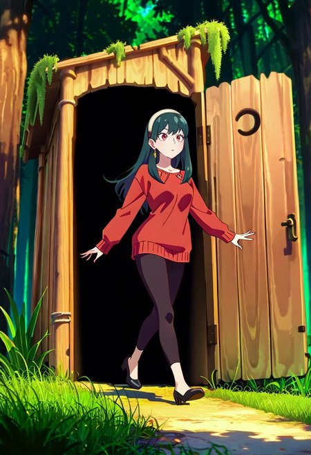 masterpiece, best quality, newest, absurdres, highres, anime, anime style, Shrek's-Outhouse-IL.V1.0, outdoors, moss, plant, nature, forest, Outhouse-closed door, Outhouse-open door, opening door, 1girl, yor_forger, spy_x_family, black_hair, red_eyes, red sweater