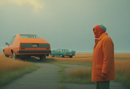 Vibrant (George Tooker) and (Simon Stalenhag) and (Holly Andres) book cover style.
Title: "The Closer".
Life-like details.
Cinematic. Dramatic. Dynamic. 
Pristine Aesthetic.
Enigmatic.
Emotionally Moving.
Moody.
Extremely refined lines and and shapes.
Extremely refined details on objects.
Sharp details.
Complementary colors.
Many details everywhere. Ray-Tracing. Anti-Aliasing. Realistic soft shadows. Low saturation colors. Insane quality. Insane resolution. Insane details. Masterpiece. 32k resolution.