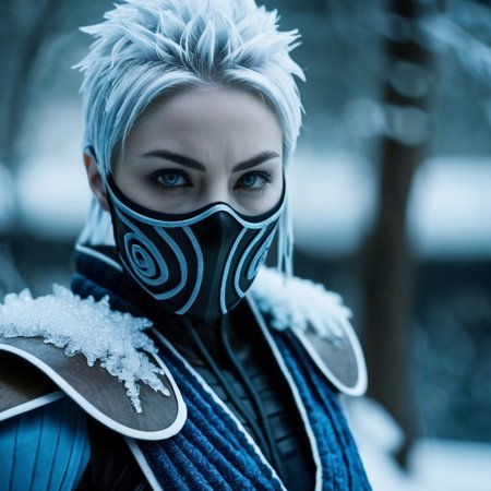 cinematic film still of  <lora:Frost Mortal Kombat:1>
Frost Mortal Kombat a pale white cold skin woman with an ice frost hair and frost eyes and a black mask and a blue ninja costume, shallow depth of field, vignette, highly detailed, high budget, bokeh, cinemascope, moody, epic, gorgeous, film grain, grainy