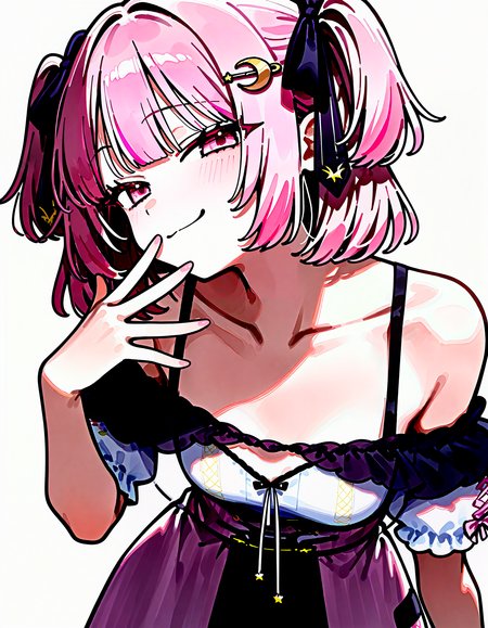 (masterpiece, best quality, very awa, newest, very aesthetic, highres, absurdres:1.2), simple background, white background,  BREAK
1girl, solo, <lora:char_lemonleaf-ill-v1.1:0.85> lemonleaf, crescent hair ornament, two side up, pink eyes, pink hair, white shirt,
looking at viewer, smug,small breasts, leaning forward, hand to own mouth, finger to mouth, closed mouth, hand up, collarbone, BREAK
<lora:spo_sdxl_10ep_4k-data_lora_webui:0.85>, <lora:illustrious_noobai_epsilon_pred_1_best_quality_v1:0.85> , <lora:add-detail-xl:0.3> ,
<lora:ponyv5_noobE11_1_adamW:0.4>, <lora:HandFixer_pdxl_Incrs_v1:0.5>, handfixer,