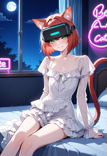 bedroom, neon, sitting on bed, window, night, moon, neon sign,
1boy, trap, skinny, catboy, red tail, red cat ears, bob hair, red hair, green eyes, slit pupils,
head mounted display, blush,  sexy,  smile,
matakawadress, long dress, long sleeves, asymmetrical skirt, frills dress, bare neck, white dress, <lora:MatakawaDressIlv2:1>,
 <lora:gogalkingIL-style:0.8>