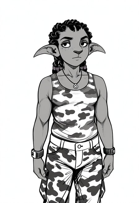 masterpiece, best quality, amazing quality,  white background, sketch, black and white, monochrome, BREAK
solo, male, khris_camel, dark skin, black hair, pointed ears, necklace, camouflage tank top, camouflage pants, bracelets, BREAK
<lora:cfg_scale_boost:.5> <lora:Khristofer_Camel_-_ILXL:1> <lora:Hladilnik_Sketch_-_ILXL_Artist_Style:1>