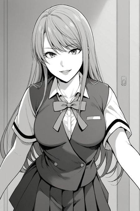 score_9, score_8_up, score_7_up, score_6_up, score_5_up, source_anime, rating_safe, indoors, 1girl, solo, medium breasts, looking at viewer, <lora:age_slider_v4:2>, houjou ayame, purple hair, long hair, purple eyes, lips, school uniform, short sleeves, blue vest, white shirt, collared shirt, green bowtie, untucked vest, blue skirt, pleated skirt, black thighhighs, zettai ryouiki, loafers, <lora:Ayame_Houjou:0.8>