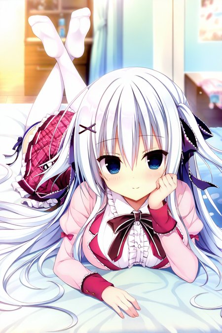 masterpiece,best quality,amazing quality,highres,scenery,newest,1girl,official style,ruri1, white hair, light blue hair, very long hair, blue eyes, two side up, dark purple hair ribbon, x hair ornament,school uniform, scl jacket, brown bowtie, puffy long sleeves, center frills, scl skirt, pleated skirt, pink plaid skirt, frilled skirt, white thighhighs, scl thighhighs,  <lora:ruri2:1>,bedroom,bed,the pose,hand rest,soles,looking at viewer, smile,