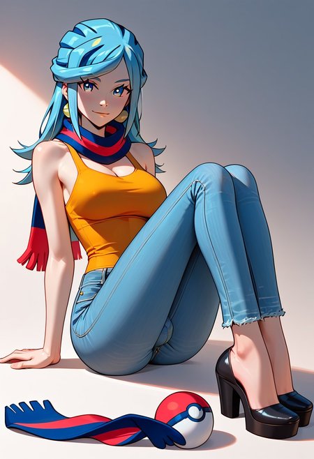 score_9, score_8_up, score_7_up, 1femboy, modern  girl, solo, 19 years old, 
((Blue hair, scarf, Pokemon , grusha)) pokemongrusha, eyelashes
 cute, perfect eyes, erfect eyes,  dramatic lighting, skitting, sexy pose, 
 clear detailed face,  yellow tank top, perfect girl, beautiful, (( big breasts)), ((covered breasts)), ((slim girl)), bare shoulder ,
(( Bulge  )), ((Long legs))
Jeans, pants, ((flared jeans))
((Flared jeans，jeans, Flared pant))