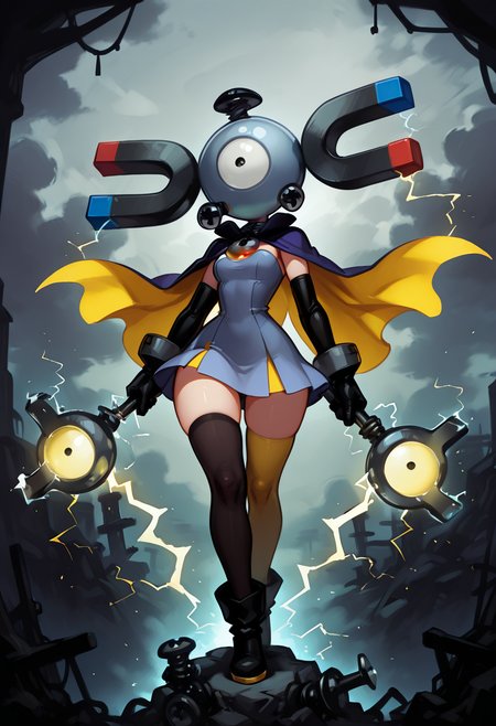 masterpiece, best quality, 1girl, solo,   zzmgnmt,   ,<lora:MagnemitePokedex_IXL:1.0>, narrow waist, wide hips,   1girl, modern fantasy setting, asymmetrical mage outfit, silver, navy blue, yellow accents, floating metal rings, glowing electric runes, staff shaped like a magnet, short cape, long gloves, thighhighs, electricity effects, stormy sky A unique mage look with a silver and navy-blue dress. Yellow electric sigils pulse along the hem, while her staff resembles a stylized horseshoe magnet. Floating rings hover near her shoulders like Magnemiteâs screws. Sparks dance around her gloves and boots as she channels charged magic under a thundercloud sky.