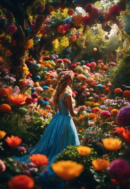 cinematic photo Arcane,  Albert Irvin, Alice in Wonderland,  wandering in Enchanted Garden, beautiful,  whimsical wonderland with oversized flowers, talking animals, hidden pathways, swirling lights:1.2, light particles:0.9,life-like, Incorporates vibrant colors, unusual plant arrangements, and fantastical creatures, texture, masterpiece, great art, high quality, best quality, highly detailed, 8k, wide shot, panorama, (Bottom view:1.1), Kodachrome,1970s,(8k, RAW photo, highest quality), eye focus, close up,sharp focus,(detailed eyes:0.8),  <lora:sdxl_photorealistic_slider_v1:1>, (masterpiece,best quality:1.5) . 35mm photograph, film, bokeh, professional, 4k, highly detailed