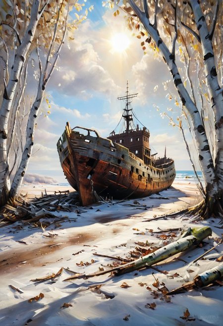 day Atmosphere, oil painting, sunshine, translucent, cinematic, trending on ArtStation, a view from the northen beach, we look through birch leafs and see a very giant old wooden wrack ship, winter with snow and ice, masterpiece, award winning,