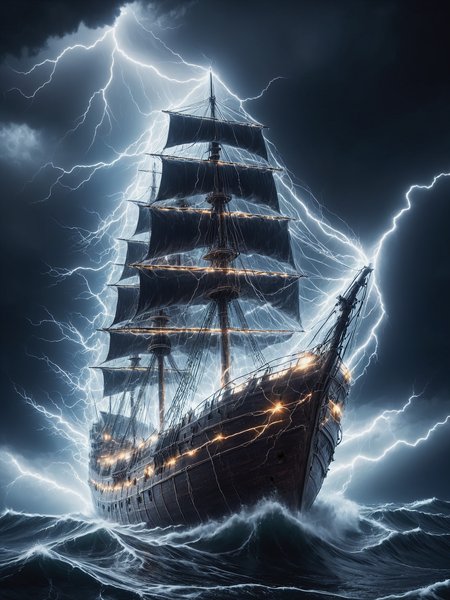 mad-lgthng lightning engulfing translucent ghost ship on stormy ocean, dramatic lighting, cinematic shot   <lora:Lightning_SDXL:1.0>, masterpiece, best quality, ultra high res, (photorealistic, realistic:1.2), deep shadow, raw photo, film grain, Fujifilm XT3, 8k uhd, dslr