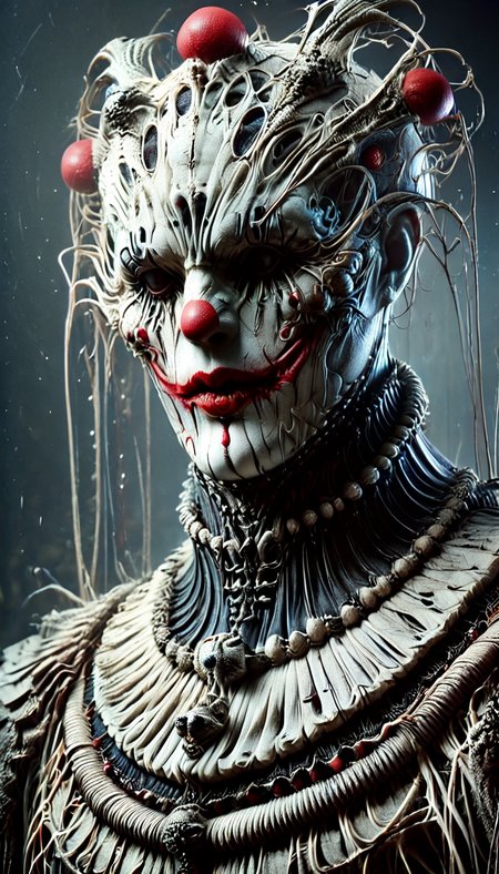 score_9, score_8_up, score_7_up, score_6_up, score_5_up, score_4_up, clown at a circus, clown, circus, clown nose, BiomechGothic, surreal organic design, gothic horror
