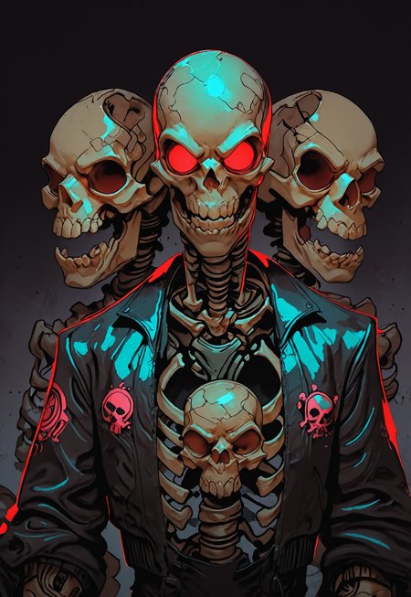 MythAn1m3, INCASE Style,   Title: "Dark Gothic-Style Illustration - Skull-Faced Figure"  Art Style: A dark, gothic-style illustration featuring a central figure with a skull-like face, red eyes, and an ornate umbrella with Japanese characters. The style emphasizes intricate details and a somber, mysterious atmosphere.  Subject & Details: The central subject is a figure with a skull-like face, red eyes, dressed in a black leather jacket adorned with intricate designs and symbols, including a skull emblem on the left side. The attire also includes a helmet with a similar skull design. The figure carries a large, ornate umbrella with Japanese characters.  Visual Elements: The figure's skull-like face, red eyes, black leather jacket with intricate designs and symbols, helmet, and ornate umbrella contribute to the dark and mysterious atmosphere of the image. The muted background with soft beige tones and faint silhouettes of birds in the distance add depth and visual interest. The overall color palette is dominated by dark shades of black, gray, and white, with the red eyes providing a striking contrast.  Composition: The composition focuses on the central figure's somber and mysterious appearance, emphasizing intricate details and the gothic atmosphere. Attention to detail in the character's facial expressions, body language, and physical characteristics helps create an immersive experience that tells a story or evokes emotions without relying on text. The overall color palette and muted background add depth and visual interest to the image.  Additional Details: The dark, gothic-style illustration exudes a sense of mystery and intrigue, with the figure's skull-like face, red eyes, and ornate accessories contributing to an air of foreboding and drama. solo, looking_at_viewer, short_hair, simple_background, shirt, 1boy, red_eyes, hat, jacket, upper_body, monochrome, male_focus, open_clothes, open_jacket, black_jacket, gradient_background, mask, glowing, glowing_eyes, clothes_writing, zipper, skull, cyborg, skeleton, cyberpunk, skull_print
