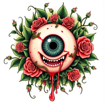 Sketch, aidmaHyperrealism, Beautiful Colored Sketch of a Demonic Eyeball surrounded by vines and rose flowers. The Eyeball has a grinning mouth with dripping liquid. Intense Stare.
