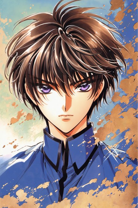 X,1boy,Kamui Shirou, male focus, solo, shirt, white shirt, closed mouth, brown hair, purple eyes, serious, looking at viewer, collared shirt, black hair, traditional media, upper body, blue eyes, bangs, blue background, hair between eyes, <lora:X_XL:0.8>