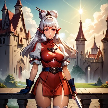 score_9, score_8_up, score_7_up, source_anime, , (best quality) , (highly detailed) , (best quality) , (highly detailed) ,((masterpiece)), ((best quality)), (ultra-detailed), ((extremely detailed)), (high resolution), 4K, (8K), best quality, (beautiful), (dynamic lighting), (super detailed skin), sharp focus, (1_girl, solo focus), shiny skin, masterpiece ,absurdres ,detailed face ,beautiful face , paya, elf ears, pointy ears, high ponytail, hair ribbon, White Hair
  gloves, puffy sleeves, belt, breastplate, armor, dress, thigh boots, frills, bodysuit, serious, Narrow shoulders, heavy breathing, sweat, steaming body, castle, outdoor, looking at viewer, holding sword, rapier