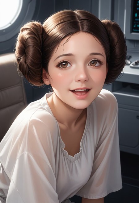 score_9, score_8_up, score_7_up, source_anime,high quality, highly detailed, flat illustration, rim lighting,
masterpiece, realistic, best quality, highly detailed, 
 1girl, (very aesthetic:1), (close-up:1.3),
princessleia, 1girl, solo, brown hair, hair buns, brown eyes,
sitting in a captains chair in a spaceship,
head tilt, loose blouse, leaning forward , small hanging breasts, chatty, open mouth, talking, laughing, from side, from above