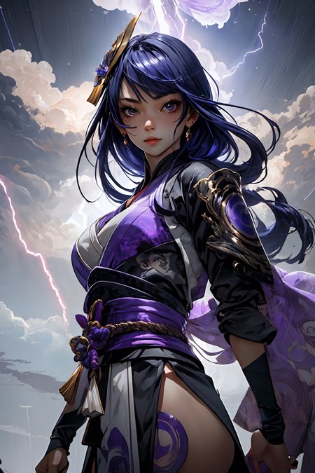 <lora:raidenShogunLora_raidenShogun:0.8> raiden shogun \(genshin impact\),
long purple hair, god, divine being, electricity, electro, (purple lightning:1.2), 
<lora:more_details:0.4>
 <lora:Cosmic anime-oil fusion v2:0.4> 
<lora:AnimeVibesV3:0.25> animevibes, 
<lora:3DMM_V11:0.5> 3DMM 
<lora:midjourney_20230624181825:0.4> midjourney ,
 <lora:LAS:0.25> colorful, 
<lora:msw_locon-t2:0.45>
 <lora:wuxia2:0.5> gu, shiny, shiny hair, shiny skin, shiny clothes