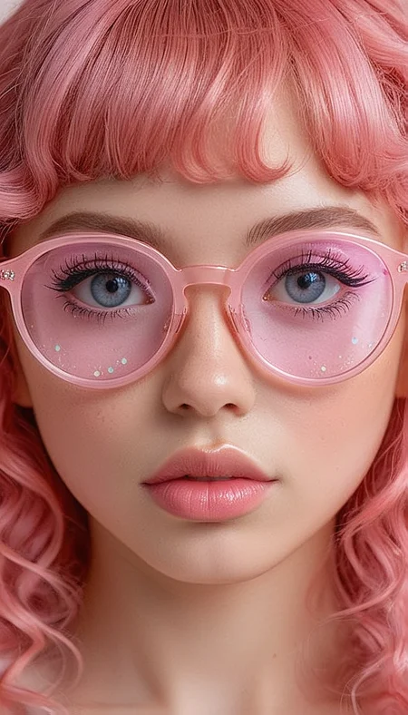 (in ARTIST style:1.9), (Frontal View:2) (striking active pose),CivChan,
Close-up gorgeous cute tsundere girl face, cute, pink bangs, freckles, striking pink large eyes, aligned eyes, mirror eyes, (half smile), pink wavy hair,
BREAK,
(wearing transparent pink glasses),  curly pink hair, 
extra long lashes, trendy portrait, 
tender Aesthetic nose, ears, puffy lips, sensual lips, detailed texture, detailed eyes, detailed skin, clean skin,
<lora:Someplastic_b:1>, (ultra sharp focus:1.8), (detailed skin:1.8), , (best quality:1.8),
<lora:Apparatus_-_Traction_City_Walkers_Vehicles:0.6>,
<lora:add-detail-xl:2> (ultra sharp focus:1.8), (detailed skin:1.8), , (best quality:1.8),
<lora:glowneon_xl_v1:0.7>
