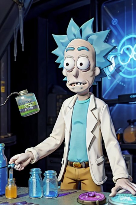 1man, (80's anime style),  <lora:rickSanchezLora_v10:0.4> Rick Sanchez, claymation working as alchemist in a lab, holding a vial, countertop, full body, gas, fumes, steam, ooze, toxic barrel <lora:akemiTakada1980sStyle_1:0.2>, takada akemi
