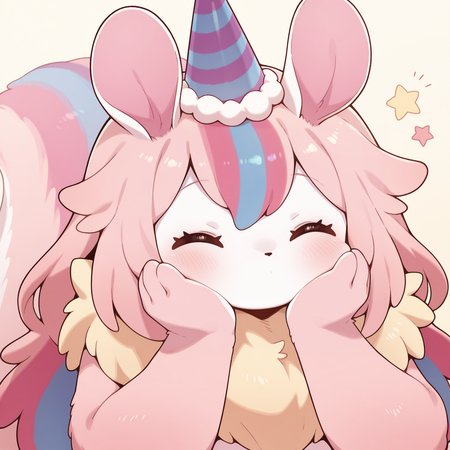 melffy mommy, solo, no humans, 1girl, hands on own cheeks, closed eyes, party hat, blush, simple background, star \(symbol\), ^ ^, animal focus, upper body, pink fur, animal nose, no mouth,
masterpiece,best quality,amazing quality,very aesthetic,absurdres,newest,<lora:Melffy Mommy illuXL v1.1:0.75>,