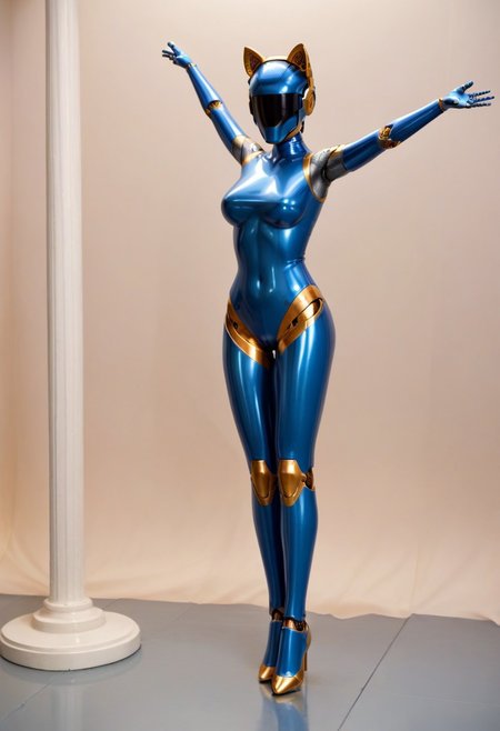 solo, A 35mm full length photo of  a beautiful 20 year old woman, she is a humanoid robot , robotic body, freckles, smooth featureless grey robotic skin, robotic aerials, metallic dark blue hair, elegant metallic blue latex bodysuit with gold trim, catlike robotic ears, jetpack, flying through the sky
TheFaceLess, mannequin, faceless, egghead