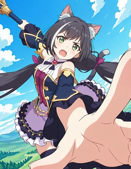 (karyl (priconne),streaked hair,multicolored hair,black hair,white hair,very long hair,low twintails,bangs,purple bow,green eyes,fang,cat girl,animal ear fluff,cat ears,cat tail,sleeveless shirt,long wide frilled detached sleeves,bare shoulder,purple frilled skirt,black thighhighs,holding staff,serious,,1girl),sky,cloud,day,
(dynamic pose,dynamic angle,foreshortening,pov,close to viewer:2),
looking at viewer,
medium breasts,
perky breasts,realistic proportions,natural looking breasts,explicit,hair between eyes,strong outlines,clean lineart,harsh lines,slim,curvy,(narrow waist:0.1), wide hips,thick thighs,detailed body,skindentation,matte skin,smooth skin,deep skin,soft brightness,detailed mouth,kawaii,moe face,
(anime screencap),(anime coloring:1.2),anime style, Japanese anime, cel-shading, clean lineart, vibrant colors, sharp facial features, 2D illustration, anime screencap style,anime background scenery,detailed linework,intricate details,(masterpiece,best quality,amazing quality),IllusP0s,(very aesthetic,absurdres:1.2),16k,highres,perfect hands,five fingers,detailed hands,
 <lora:ããªã³ã»ã¹ã³ãã¯ãReDiveã­ã£ã«illustriousPrincess_Connect_ReDivekarylillustrious:1:0.8>