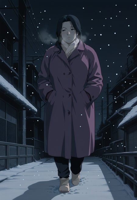 1girl,solo,mm,mature female,black hair,long hair,
purple coat,cold,breath,outdoors, standing,snow,night,hands in pockets, walking
,masterpiece,best quality,amazing quality,<lora:Shinobu_Nagumo-Patlabor_2:0.8>