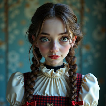 Horror magazine photo, medium shot, beautiful Wednesday Addams female with braided hair, smiling with big anime eyes, posing for Halloween costume, (8k, RAW photo, best quality, ultra high res, depth of field:1.1), (absurdres, intricate, photorealistic, masterpiece, ultra-detailed), torso shot