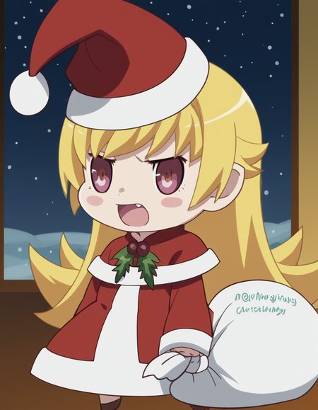 score_9, score_8_up, score_7_up, source_anime, <lora:shinobu-oshino-offmonster-ponyxl-lora-nochekaiser:1>, shinobu oshino, long hair, blonde hair, anime screencap, <lora:padoru-ponyxl-lora-nochekaiser:1>, padoru, padoru (meme), holding sack, sack, santa hat, meme, christmas, open mouth, chibi, red capelet, santa dress, capelet, fur-trimmed headwear,, , dutch angle, cowboy shot